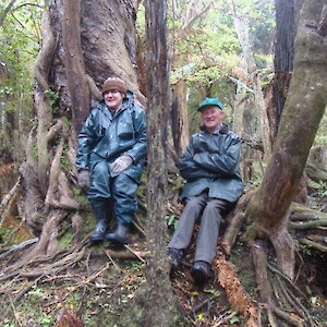 Jenny Campbell of Forest and Bird and James Pirie of Men of the Trees sit beside the large rata tree in the bush block being restored by SCDET.