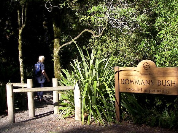 The track entrance off Ruru Avenue, with a wooden sign carved by Roger Sutton noting QEII National Trust protection.