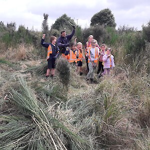 2025 March. The Gorge Road School Waituna Ambassadors help out the plantings at the Gravel Pit by cutting out broom.