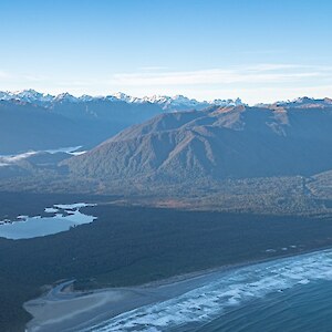 Big Bay with the Waiuna Wetland beyond. The predator control area of 2000ha goes to just beyond the lagoon.