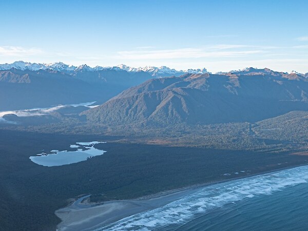 Big Bay with the Waiuna Wetland beyond. The predator control area of 2000ha goes to just beyond the lagoon.