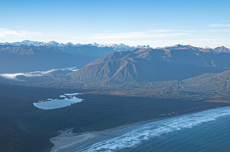 Big Bay with the Waiuna Wetland beyond. The predator control area of 2000ha goes to just beyond the lagoon.