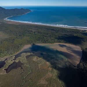 Big Bay, Fiordland, with the Waiuna Lagoon in the foreground.